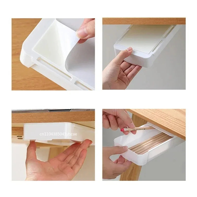 Hidden Under Desk Storage Drawer | Self-Adhesive Sliding Organizer Box | Desk Drawer for Office Supplies, Makeup & Accessories