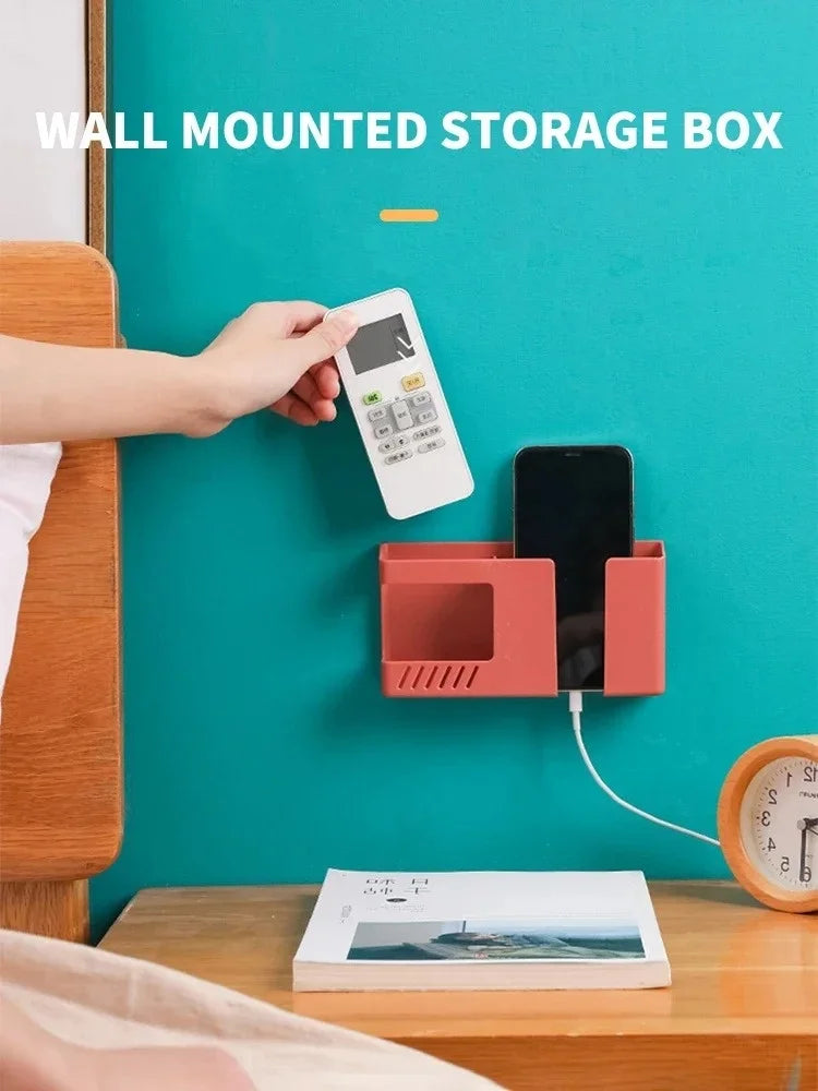 Wall Mounted Remote & Phone Holder | Self-Adhesive Charging Station Organizer | Storage Box for Remote Controls and Phone Charging