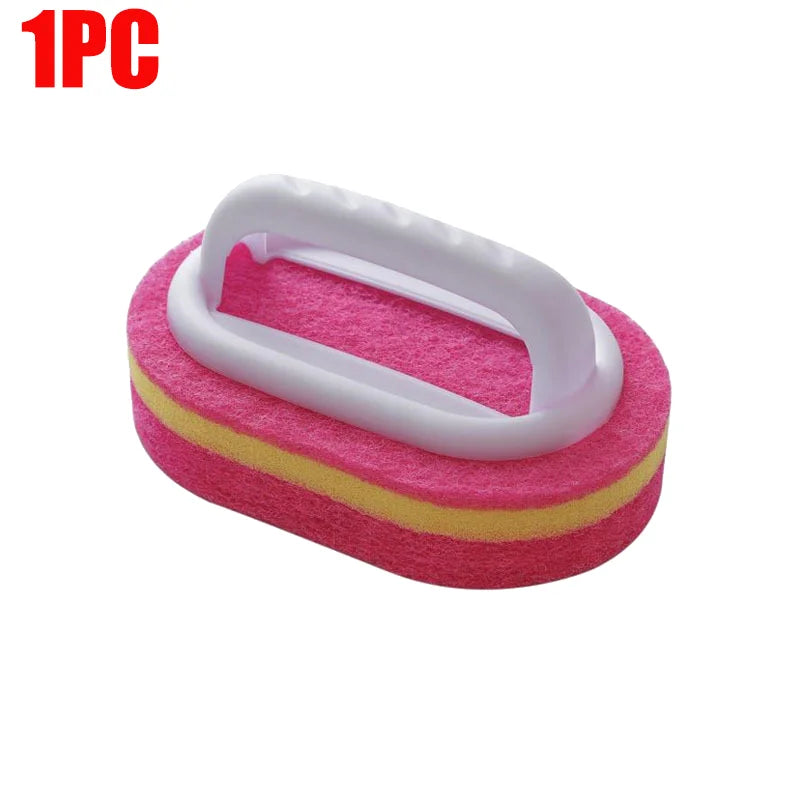 Household Cleaning Brush with Handle | Thick Sponge Scrub Brush for Kitchen & Bathroom | Bathtub Sink Floor & Wall Cleaning Tool | Reusable Scouring Brush
