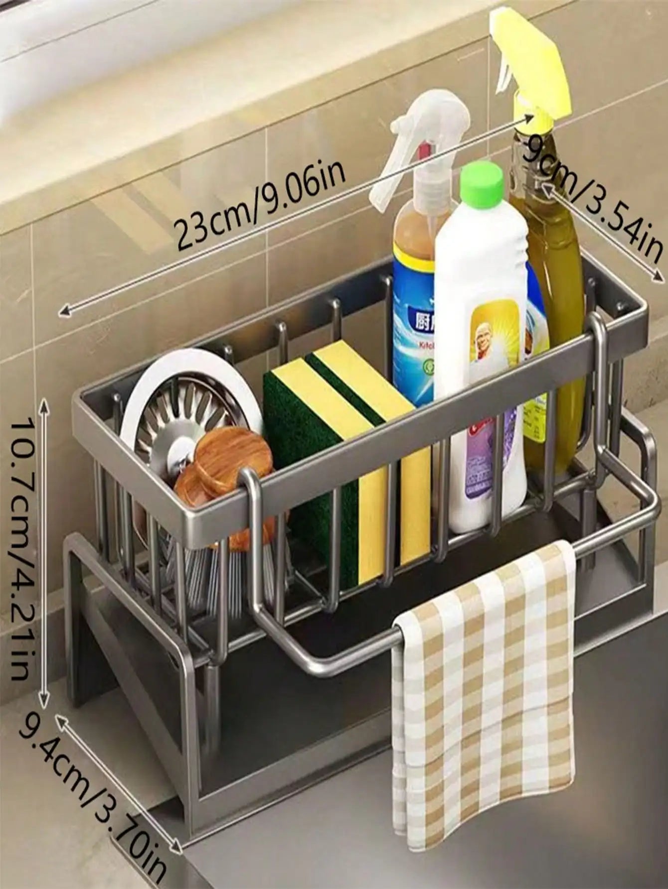 Kitchen Sink Organizer Rack | Carbon Steel Sponge Holder with Drain Tray | Countertop Kitchen Sink Caddy for Brushes & Soap Storage