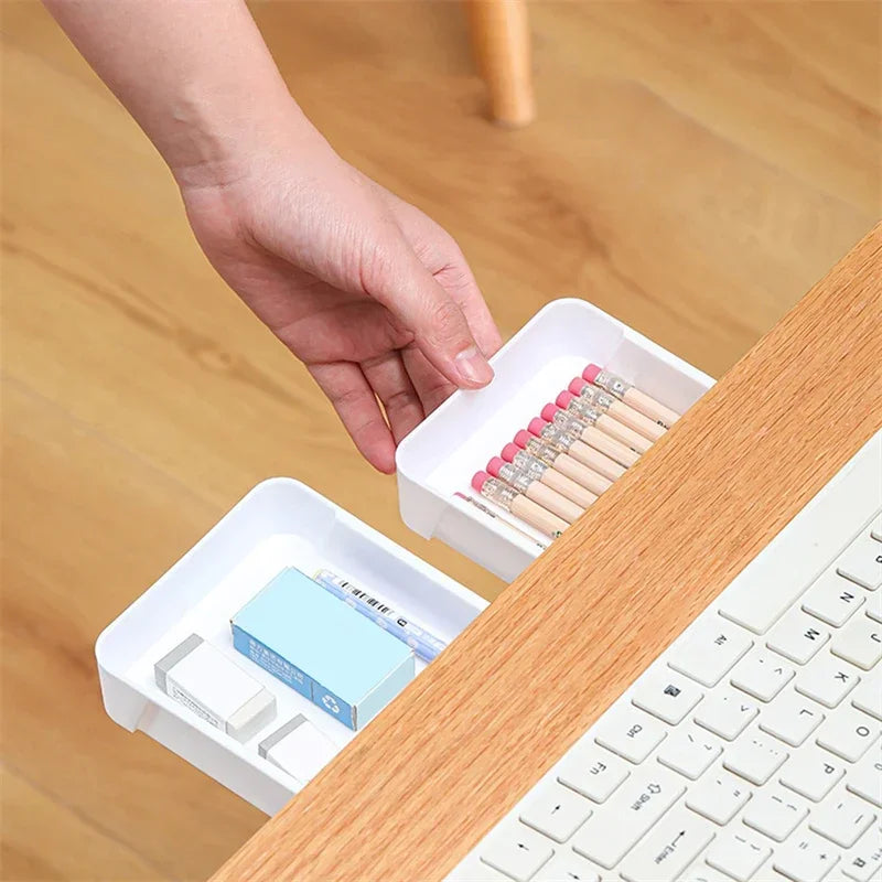 Hidden Under Desk Storage Drawer | Self-Adhesive Sliding Organizer Box | Desk Drawer for Office Supplies, Makeup & Accessories