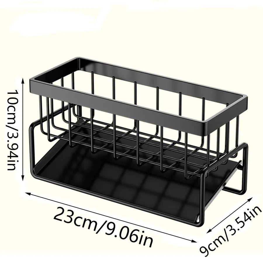 Kitchen Sink Organizer Rack | Carbon Steel Sponge Holder with Drain Tray | Countertop Kitchen Sink Caddy for Brushes & Soap Storage