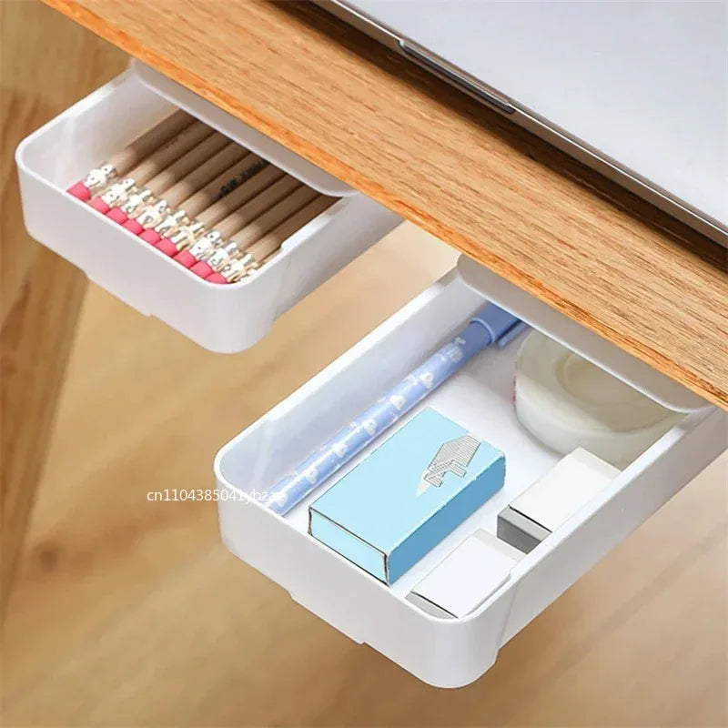 Hidden Under Desk Storage Drawer | Self-Adhesive Sliding Organizer Box | Desk Drawer for Office Supplies, Makeup & Accessories