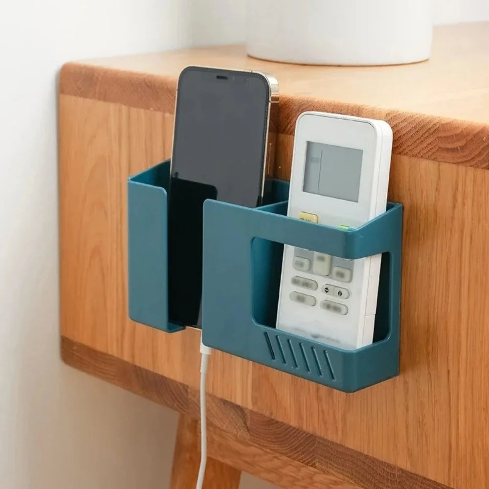 Wall Mounted Remote & Phone Holder | Self-Adhesive Charging Station Organizer | Storage Box for Remote Controls and Phone Charging