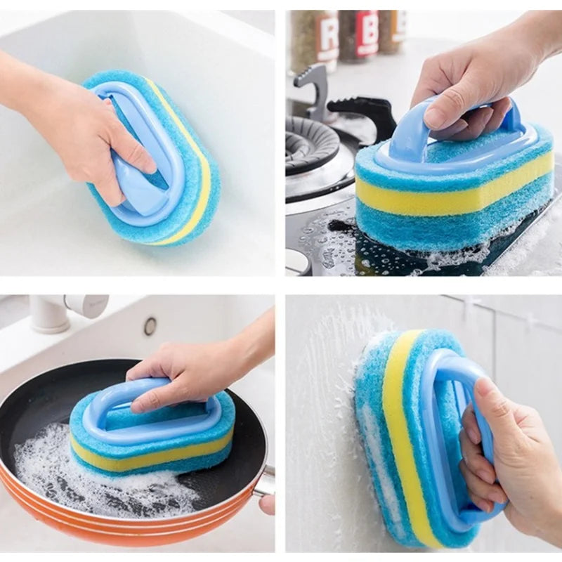 Household Cleaning Brush with Handle | Thick Sponge Scrub Brush for Kitchen & Bathroom | Bathtub Sink Floor & Wall Cleaning Tool | Reusable Scouring Brush