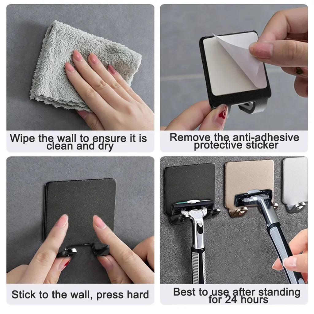 Self-Adhesive Razor Holder Hooks | No Drill Wall Mounted Shaver Organizer | Bathroom & Shower Storage Hooks