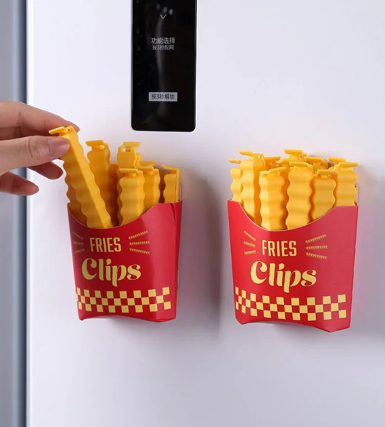 French Fry Bag Clips & Refrigerator Magnet Holder for Storage | 12-Piece Reusable Food Sealing Clips | Moisture-Proof Snack Bag Closures